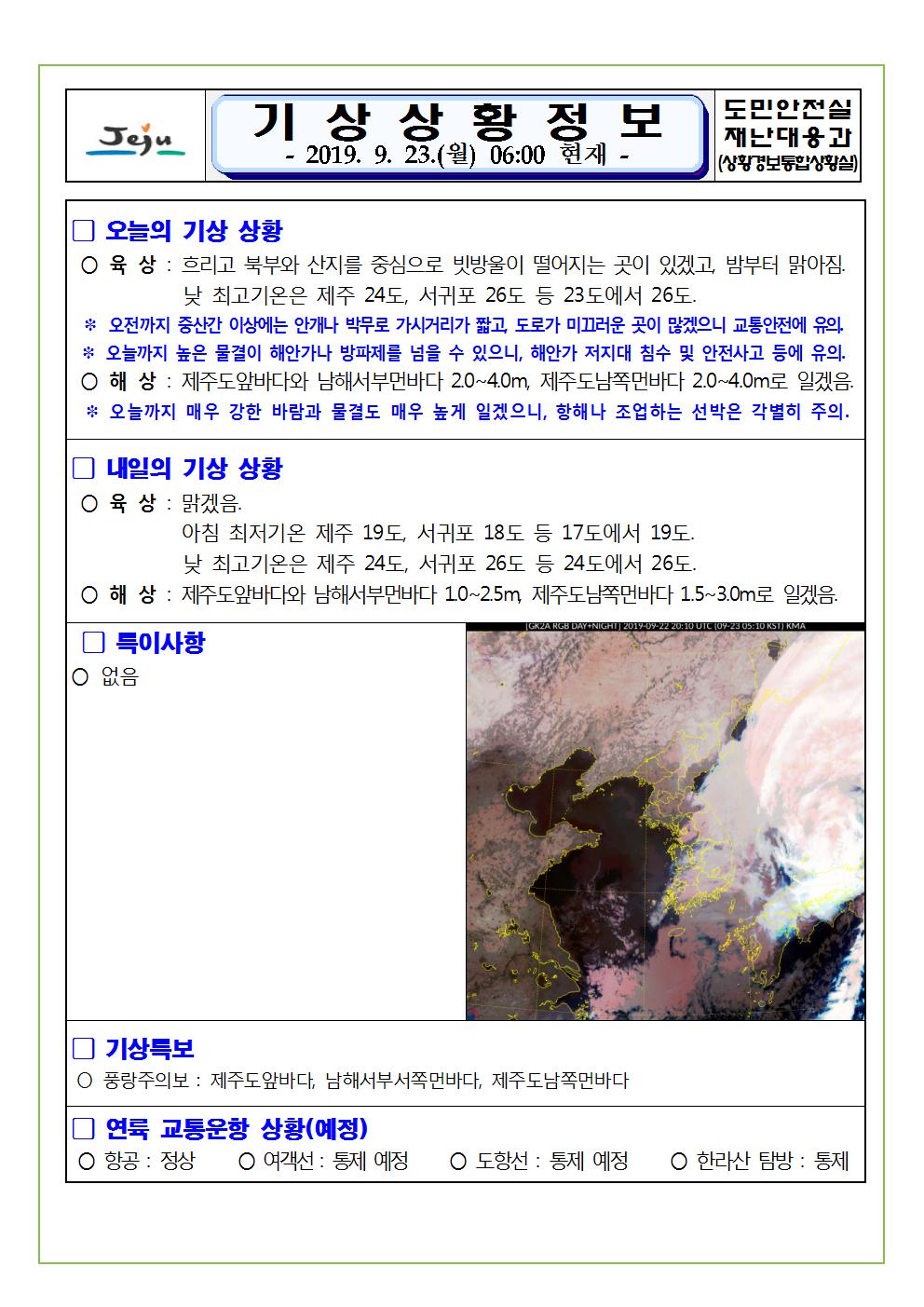 기상상황 정보 2019.9.23. 월요일