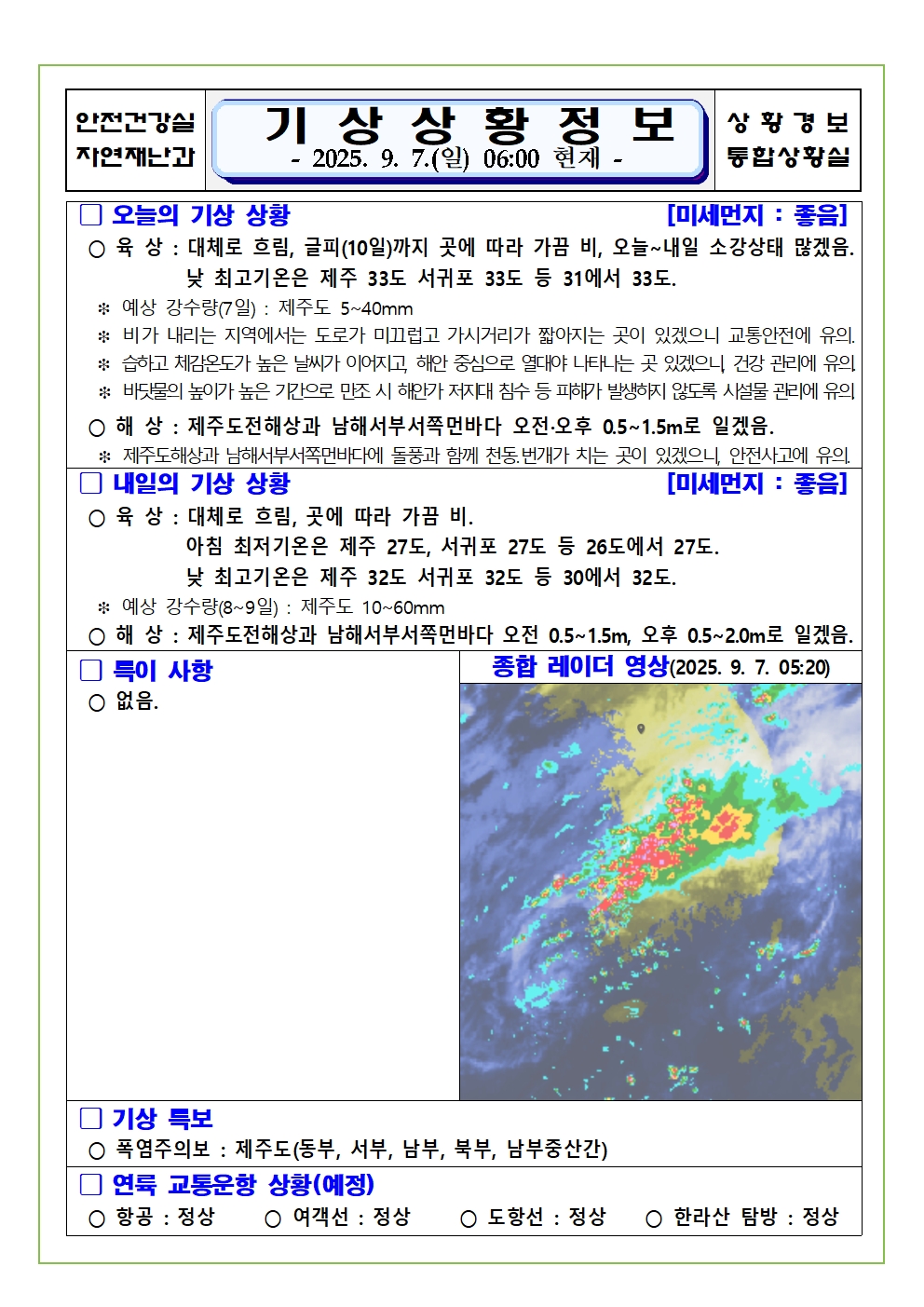 기상상황 2025. 9. 7. 일요일