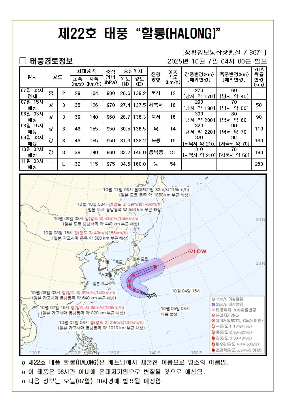 제22호 태풍 할롱 예상진로도 2025. 10. 07. 04시00분 발표 