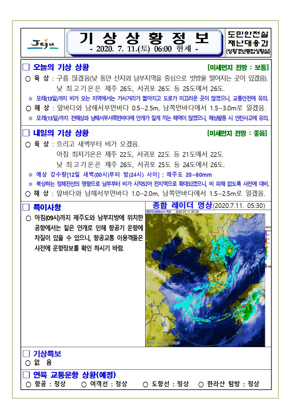 기상상황 2020. 7. 11. 토요일 