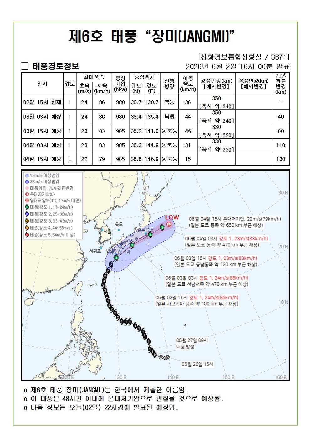 제6호 태풍 장미 예상진로도 2026. 06. 02. 16시00분 발표 