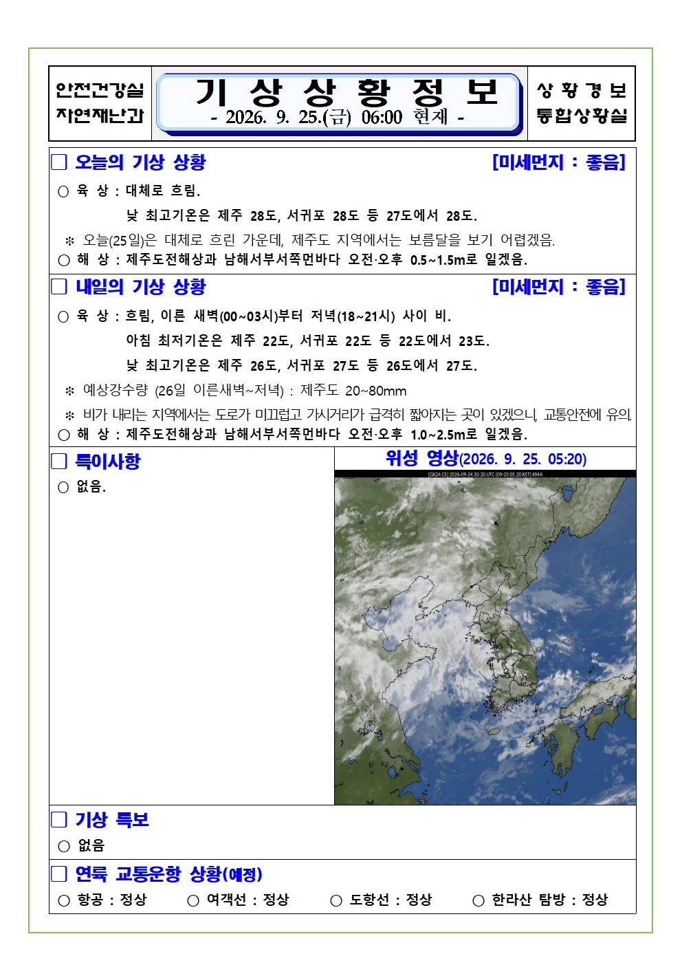 기상상황 2026.09.25.  금요일
