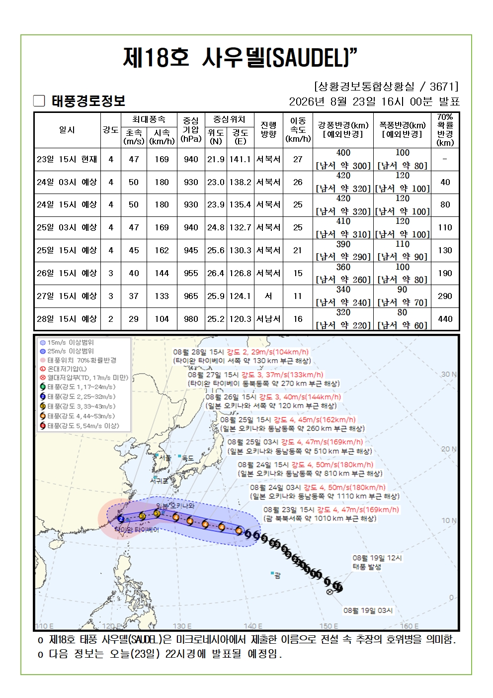 제18호 태풍 사우델 예상진로도 2026. 08. 23. 16시00분 