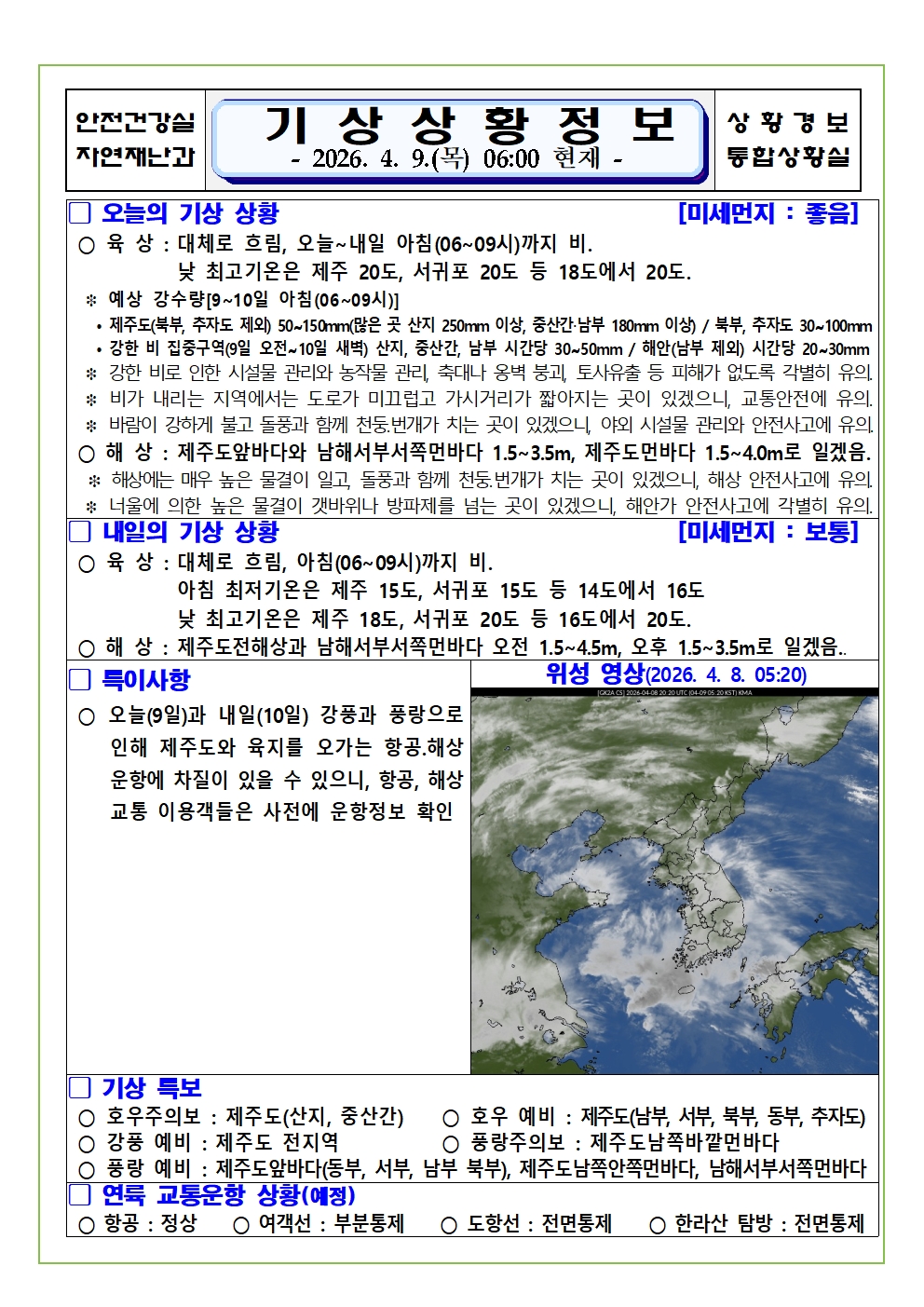 기상상황 2026. 4. 9. 목요일