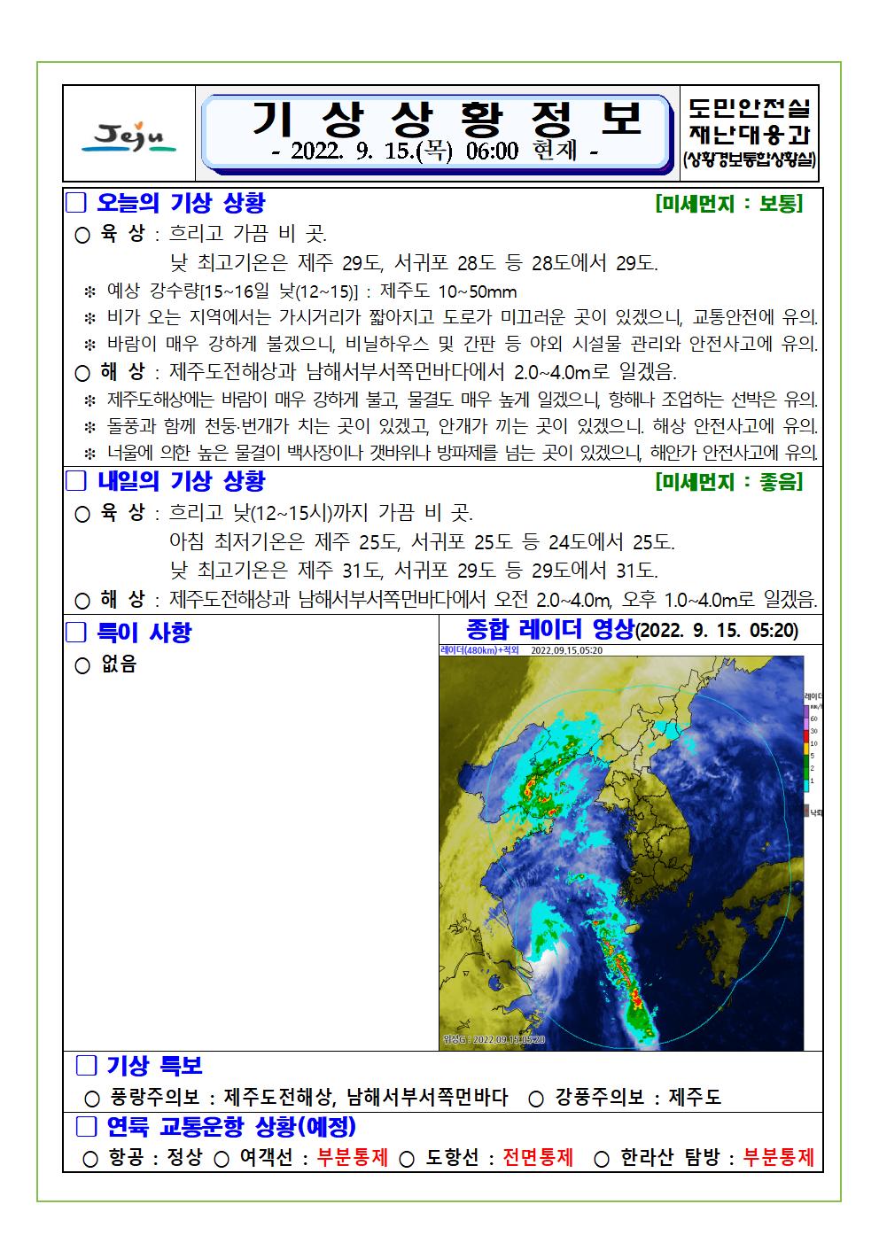기상상황 2022.09.15. 목요일 