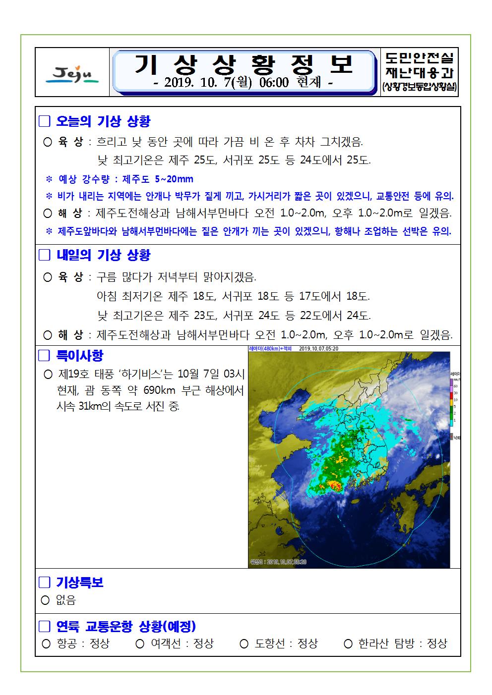 기상상황 정보 2019. 10. 7. 월요일