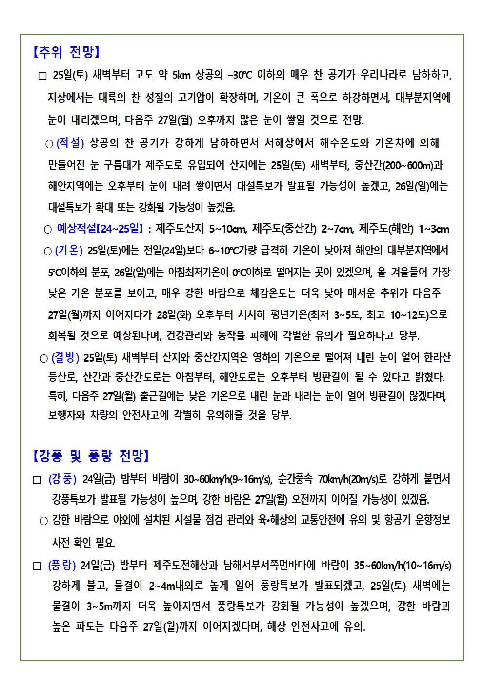 제주지역 기상정보 및 전망(대설•강풍•풍랑, 12.25.~12.27.)