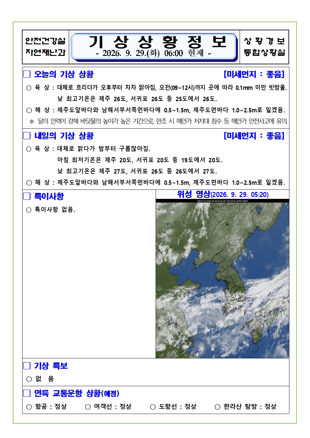 기상상황 2026.09.29. 화요일