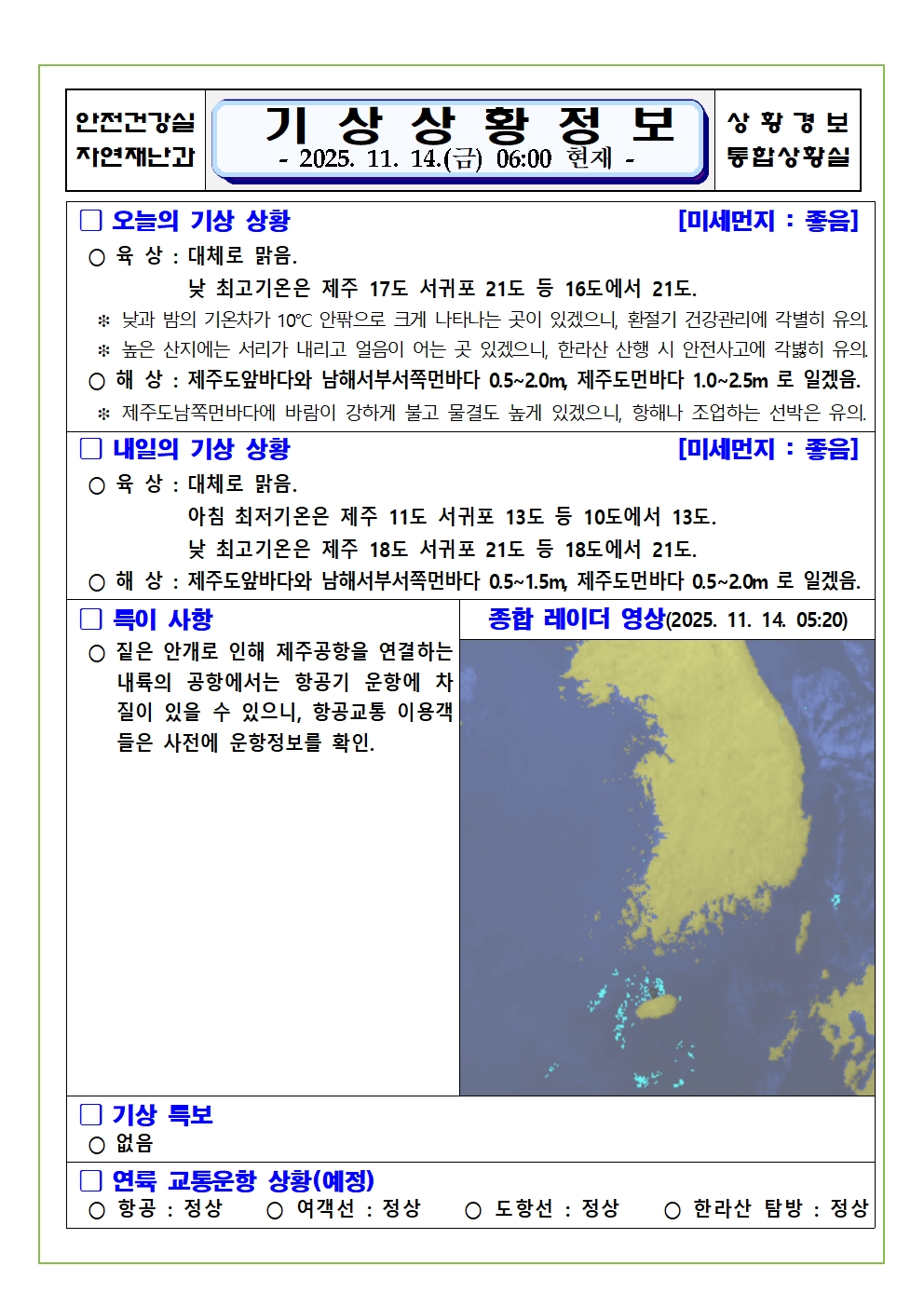 기상상황 2025. 11. 14. 금요일 