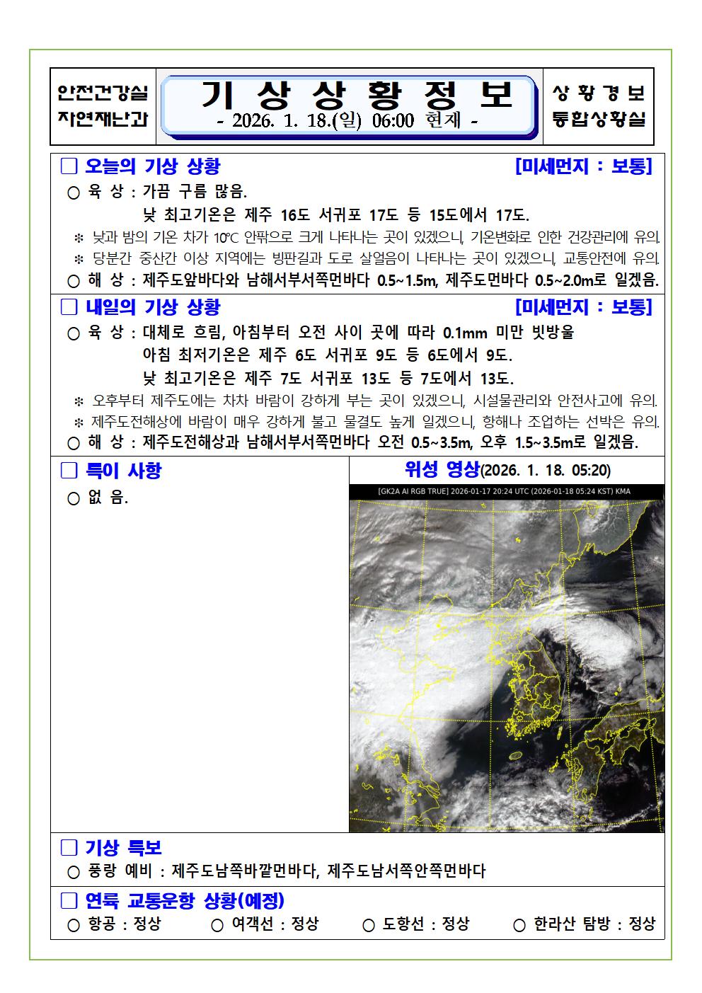 기상상황 2026. 1. 18. 일요일