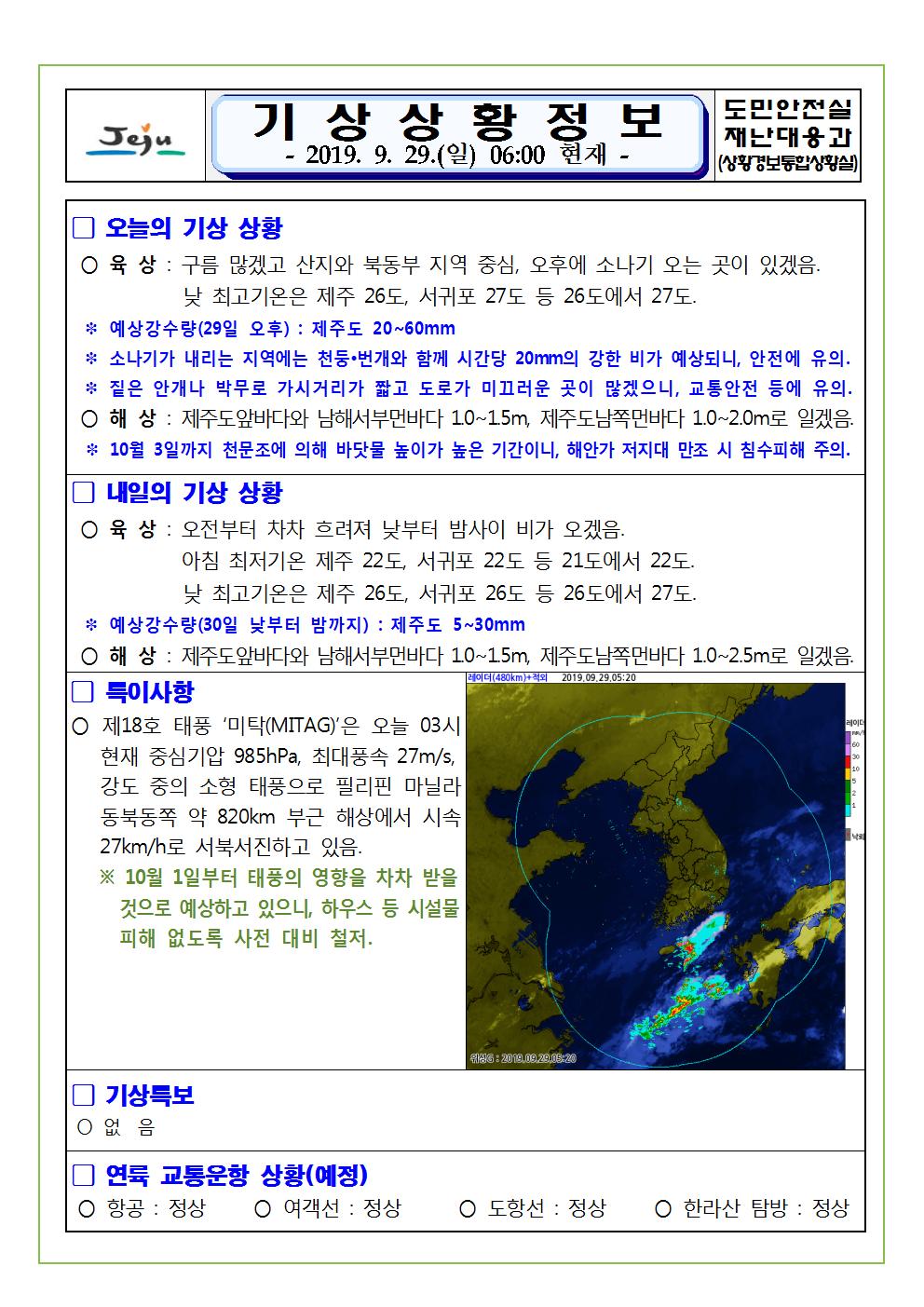 기상상황 정보 2019.9.29. 일요일
