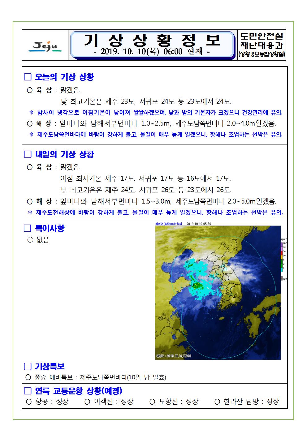 기상상황 정보 2019.10.10. 목요일
