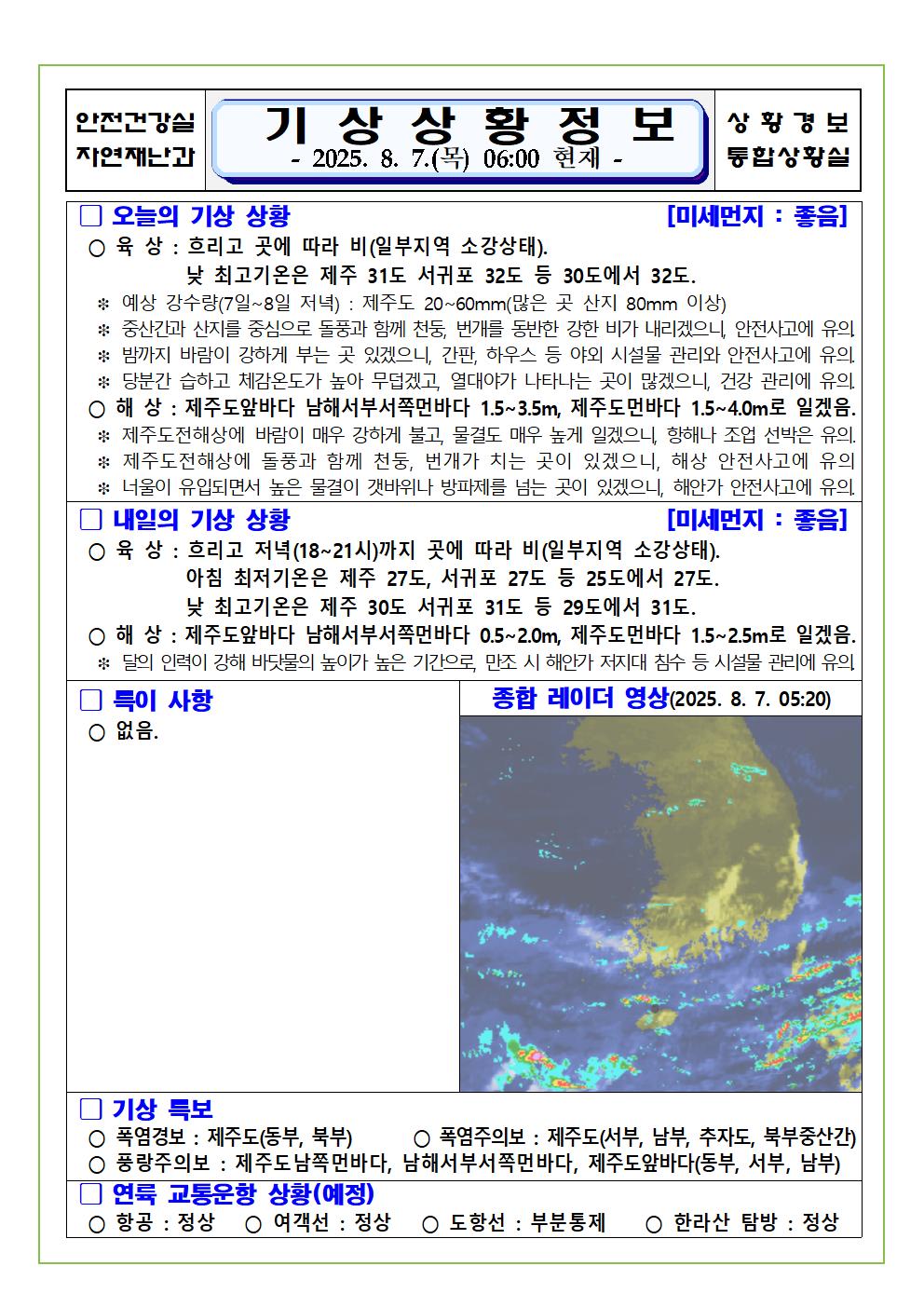 기상상황 2025. 8. 7. 목요일