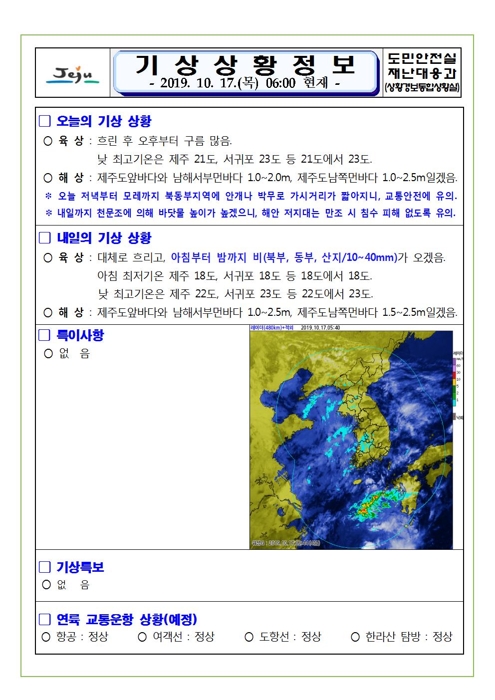 기상상황 정보 2019.10.17. 목요일