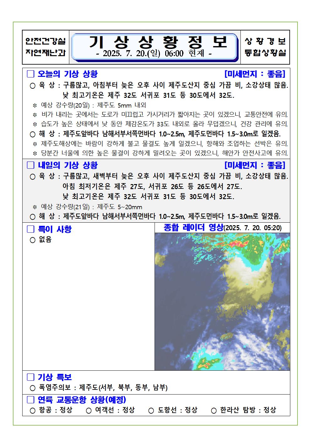 기상상황 2025. 7. 20. 일요일