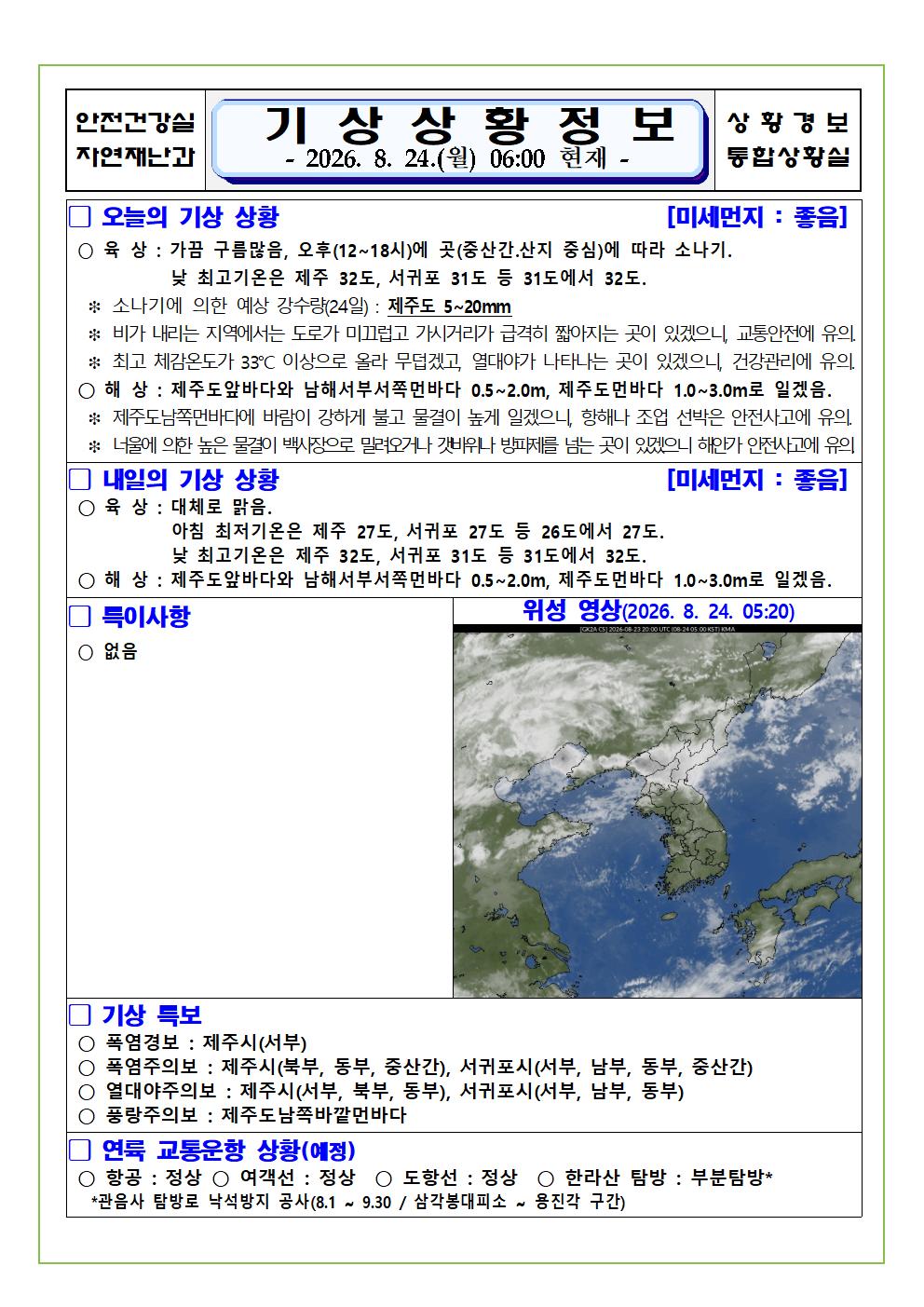기상상황 2026. 8. 24. 월요일 
