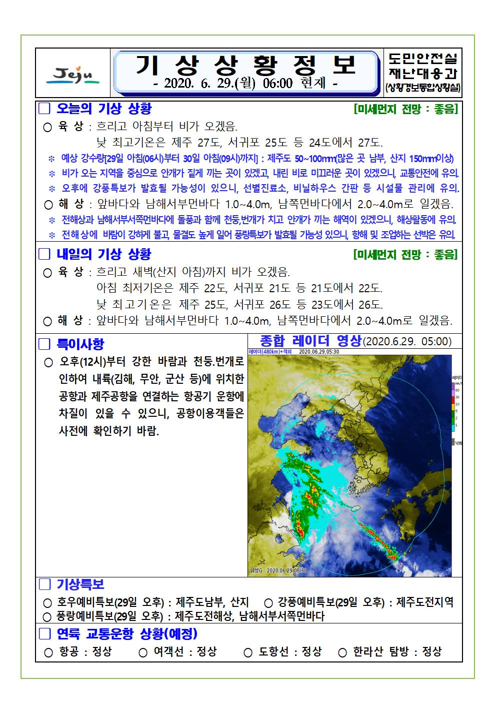 기상상황 2020. 6. 29. 월요일 