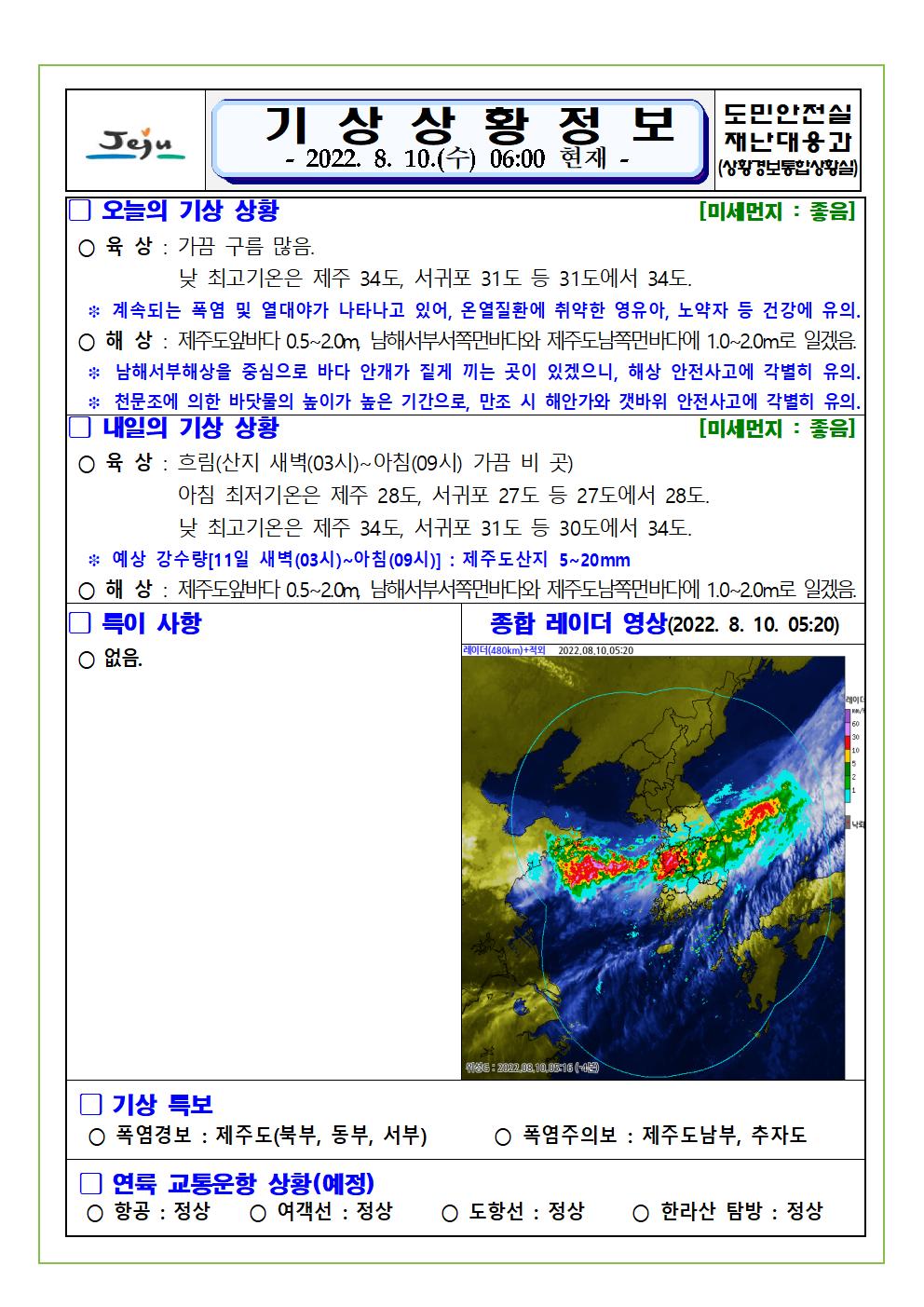 기상상황 2022.08.10. 수요일 