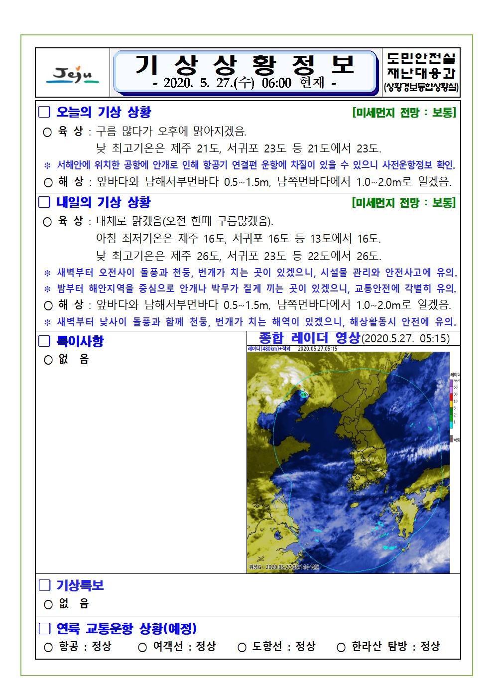 기상상황 2020. 5. 27. 수요일 