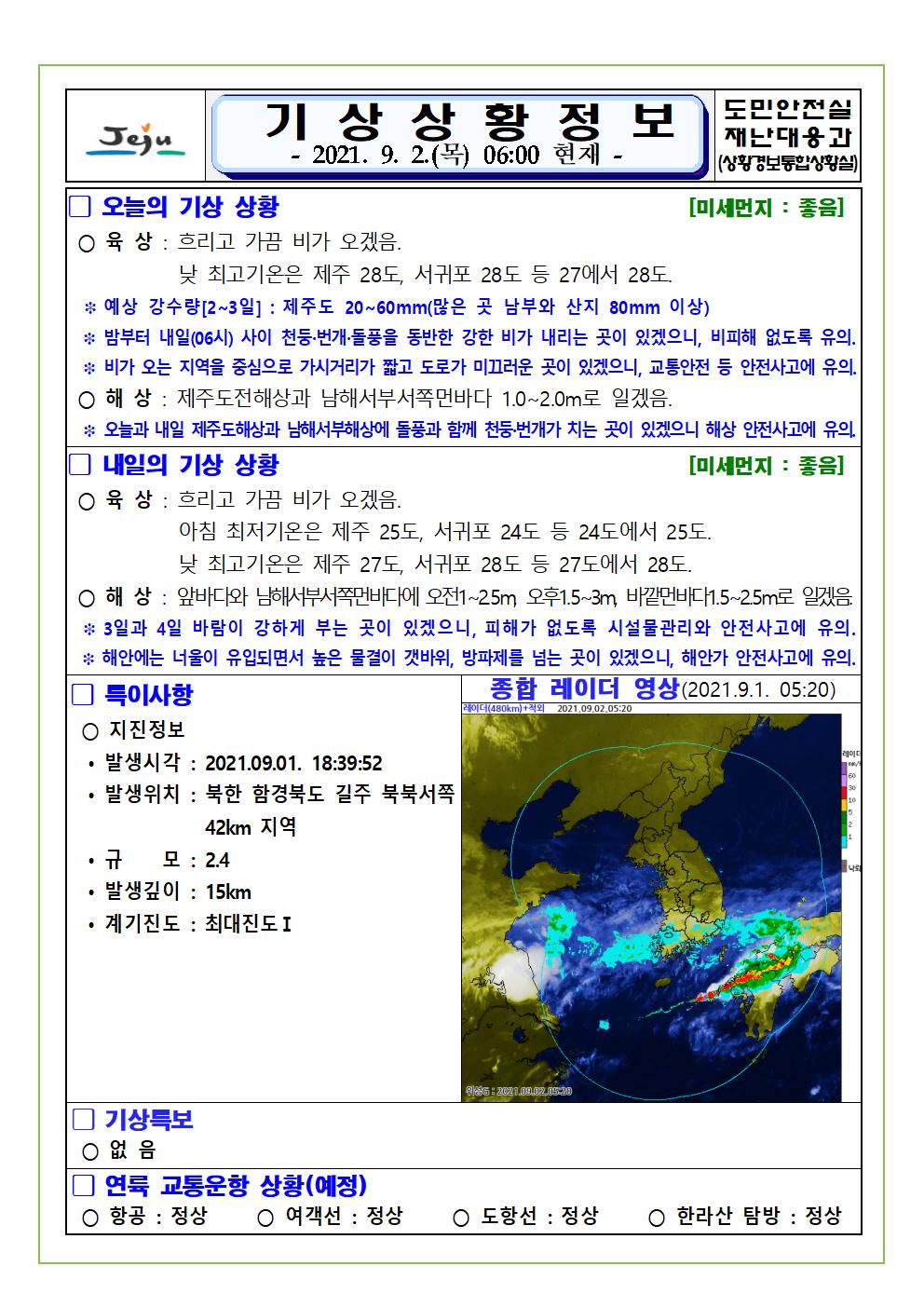 기상상황 2021.9.2. 목요일 