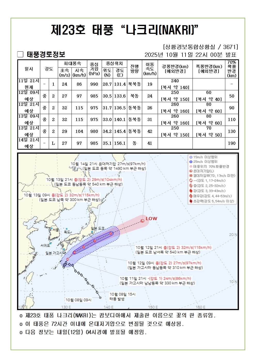 제23호 태풍 나크리 예상진로도 2025. 10. 11. 22시00분 발표