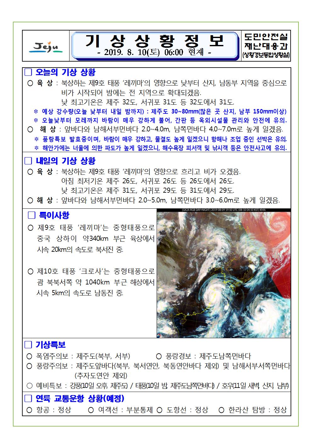 기상상황 정보 2019.8.10. 토요일