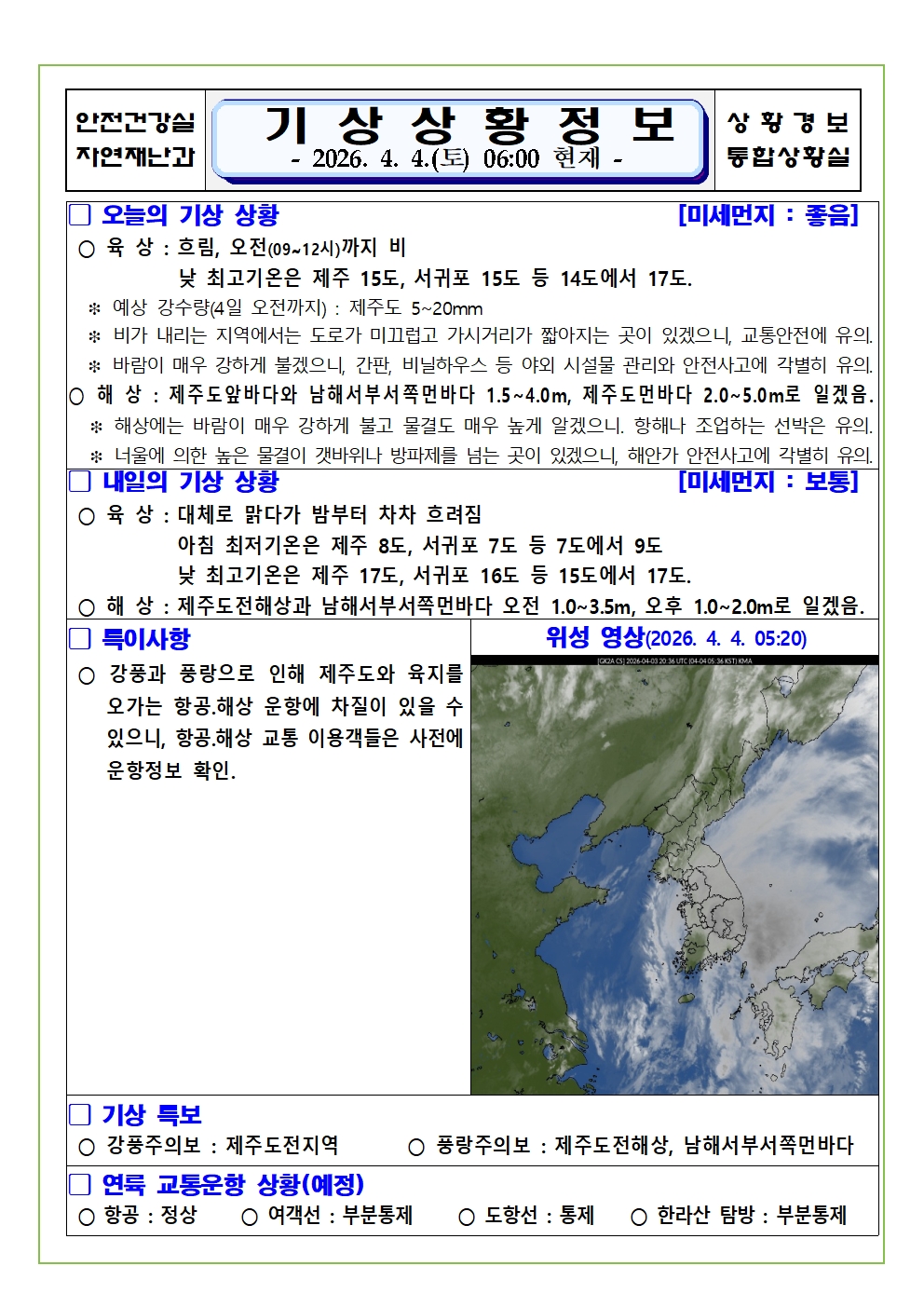 기상상황 2026. 4. 4. 토요일