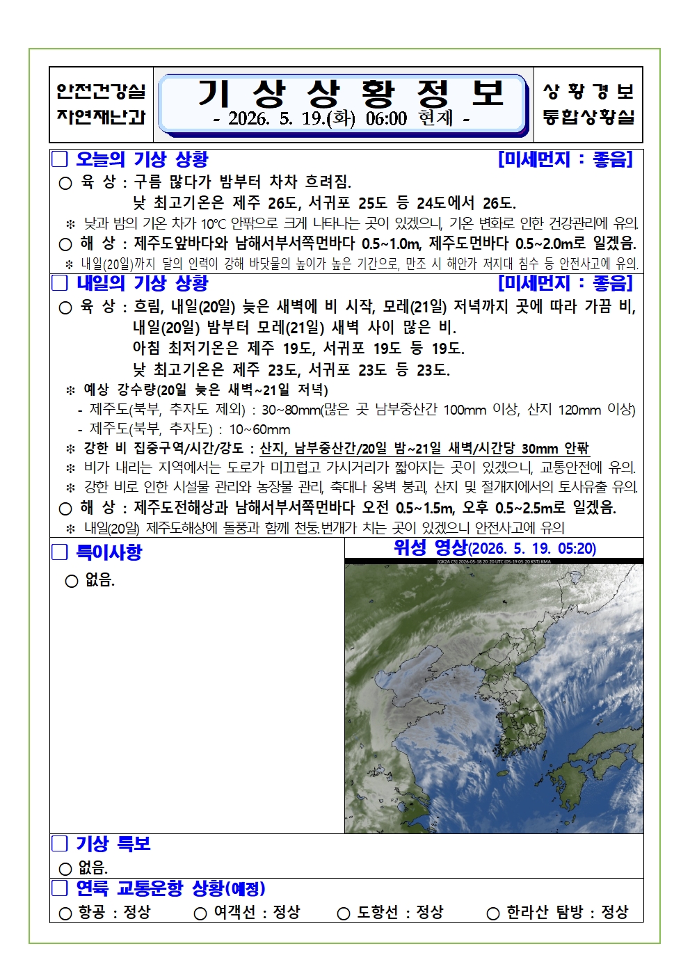 기상상황 2026. 5. 19. 화요일
