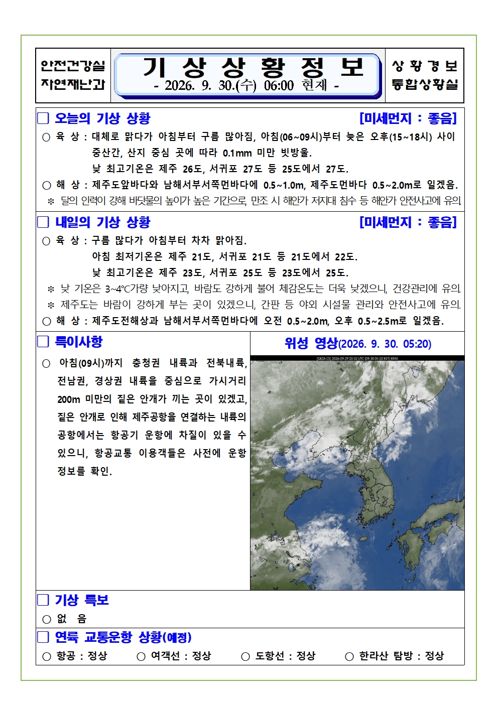 기상상황 2026.09.30. 수요일 
