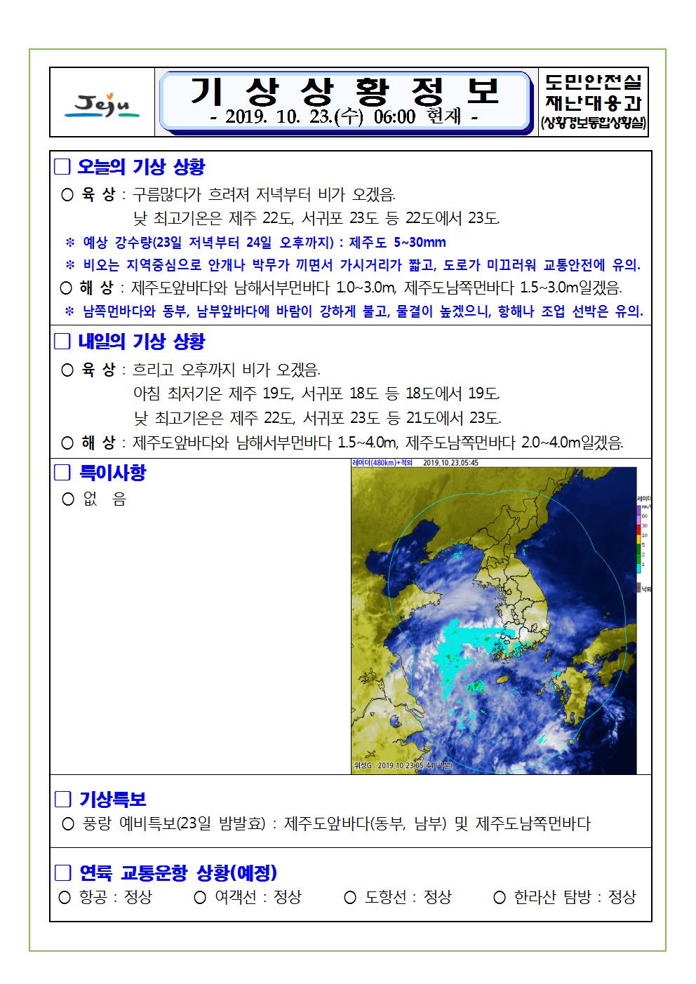 기상상황 정보 2019.10.23. 수요일 