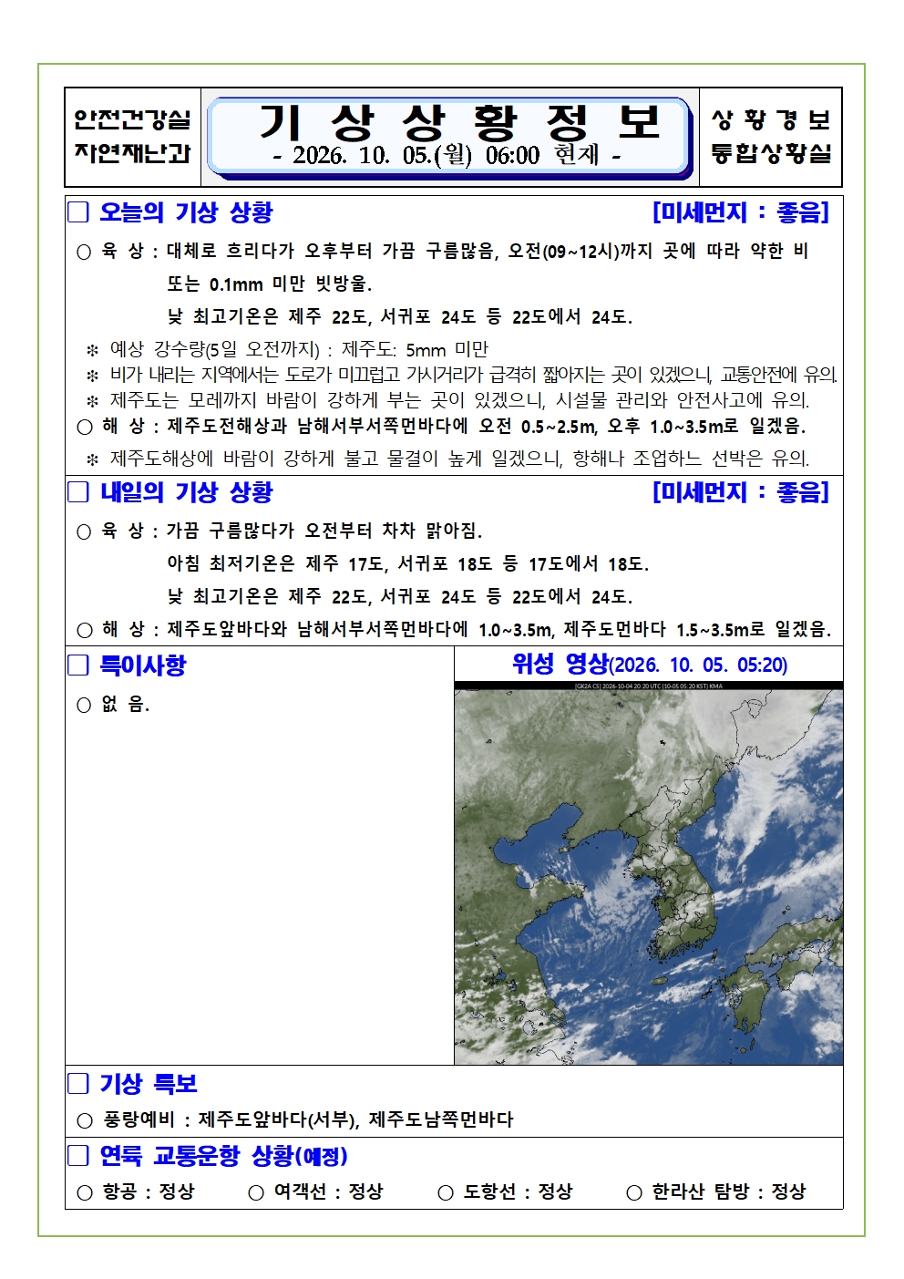 기상상황 2026.10.05. 월요일