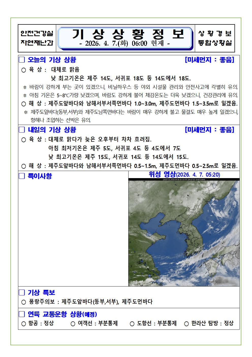 기상상황 2026. 4. 7. 화요일 
