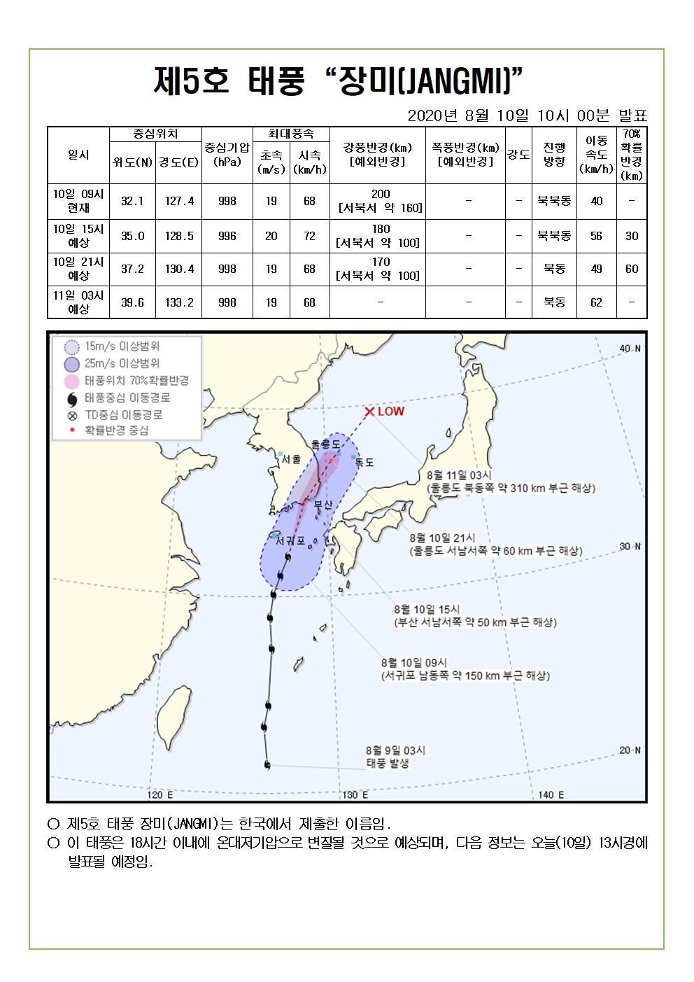 제5호 태풍 장미 예상진로도 2020. 8. 10.(월) 10시 00분 발표 