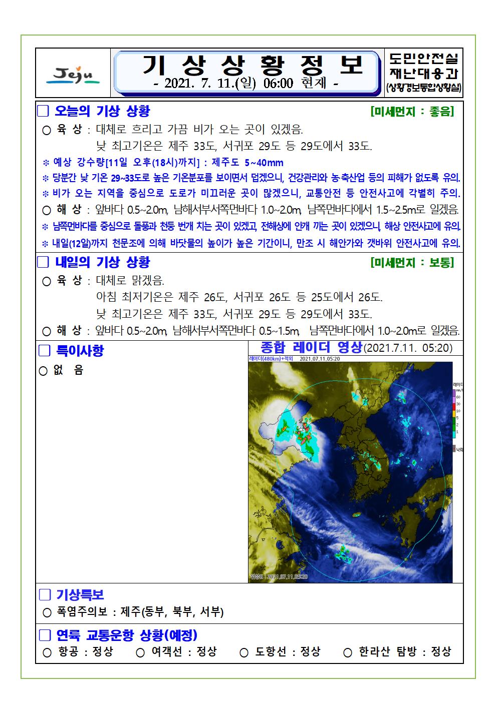 기상상황 2021.7.11. 일요일 