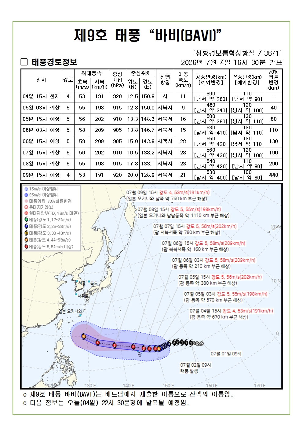 제9호 태풍 바비 예상진로도 2026. 07. 04. 16시30분