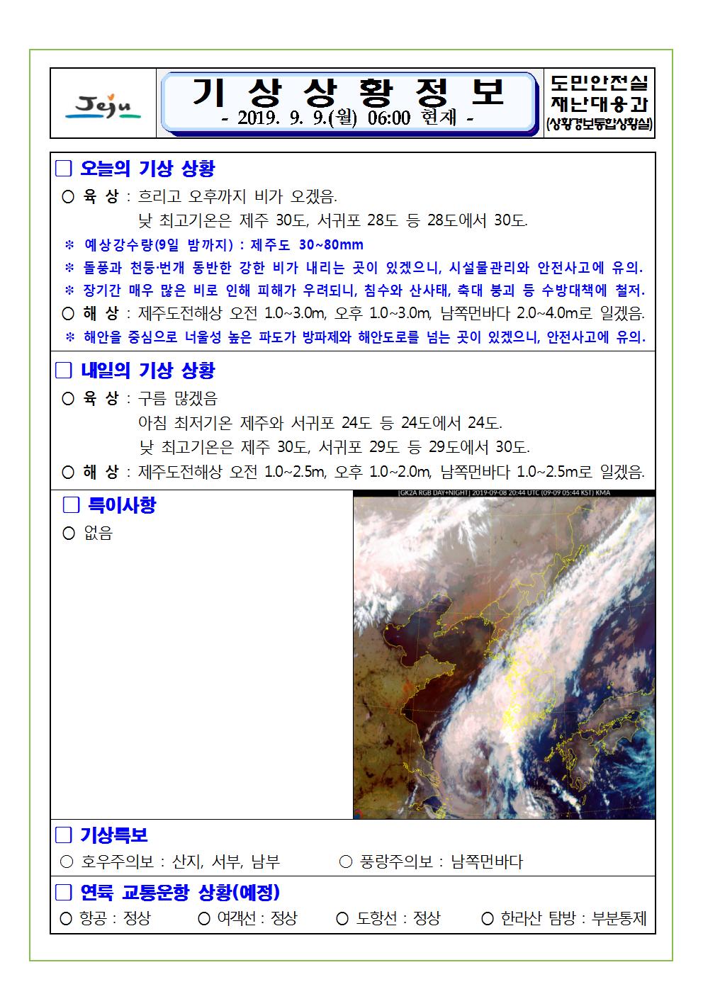 기상상황 정보 2019.9.9. 월요일