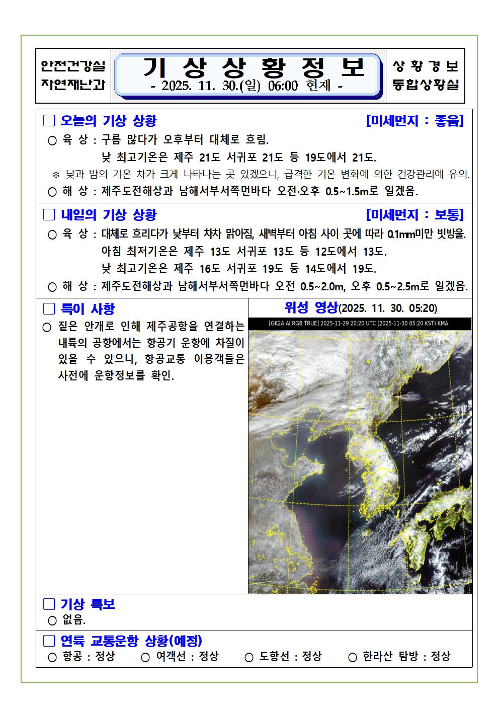 기상상황 2025. 11. 30. 일요일