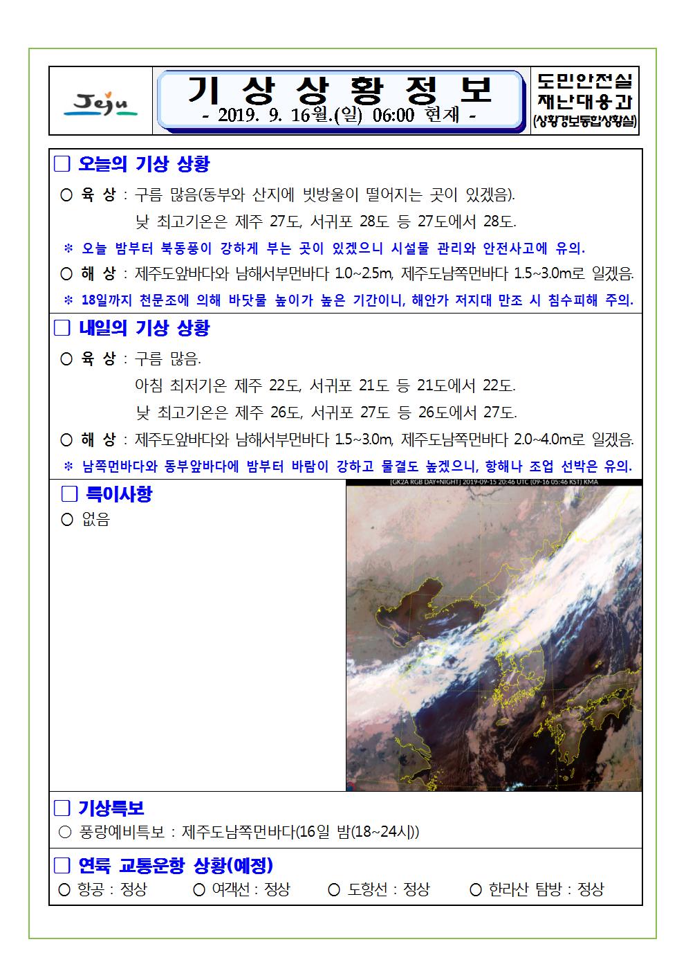 기상상황 정보 2019.9.16. 월요일