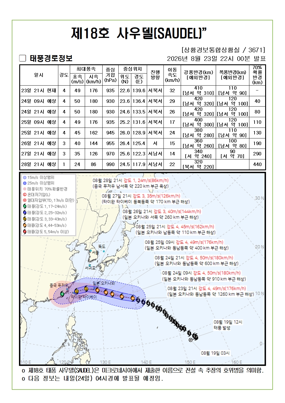 제18호 태풍 사우델 예상진로도 2026. 08. 23. 22시00분 