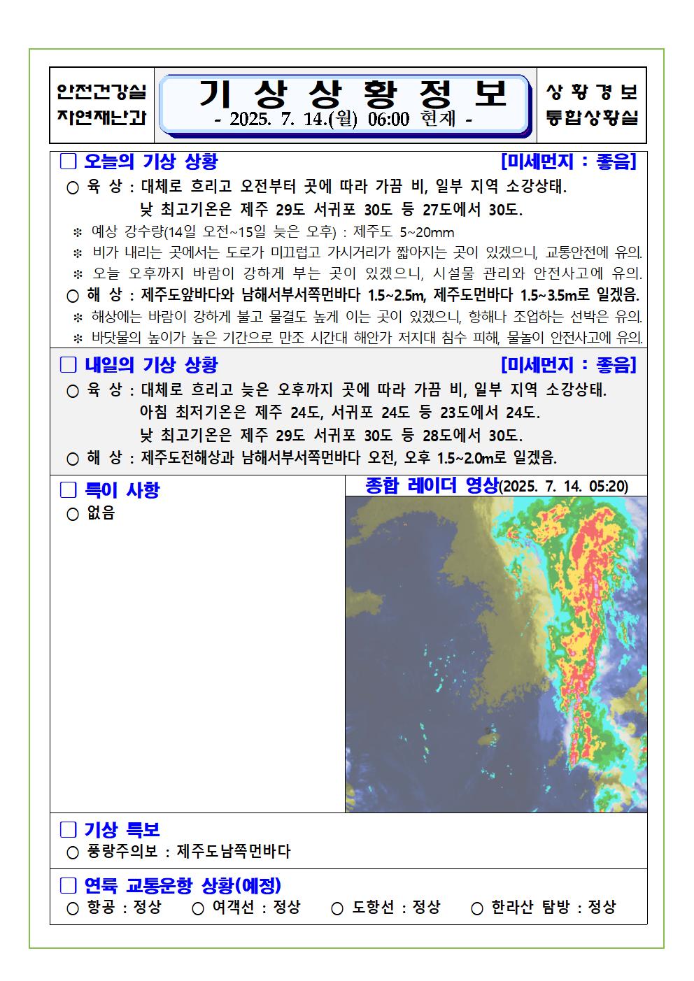 기상상황 2025. 7. 14. 월요일