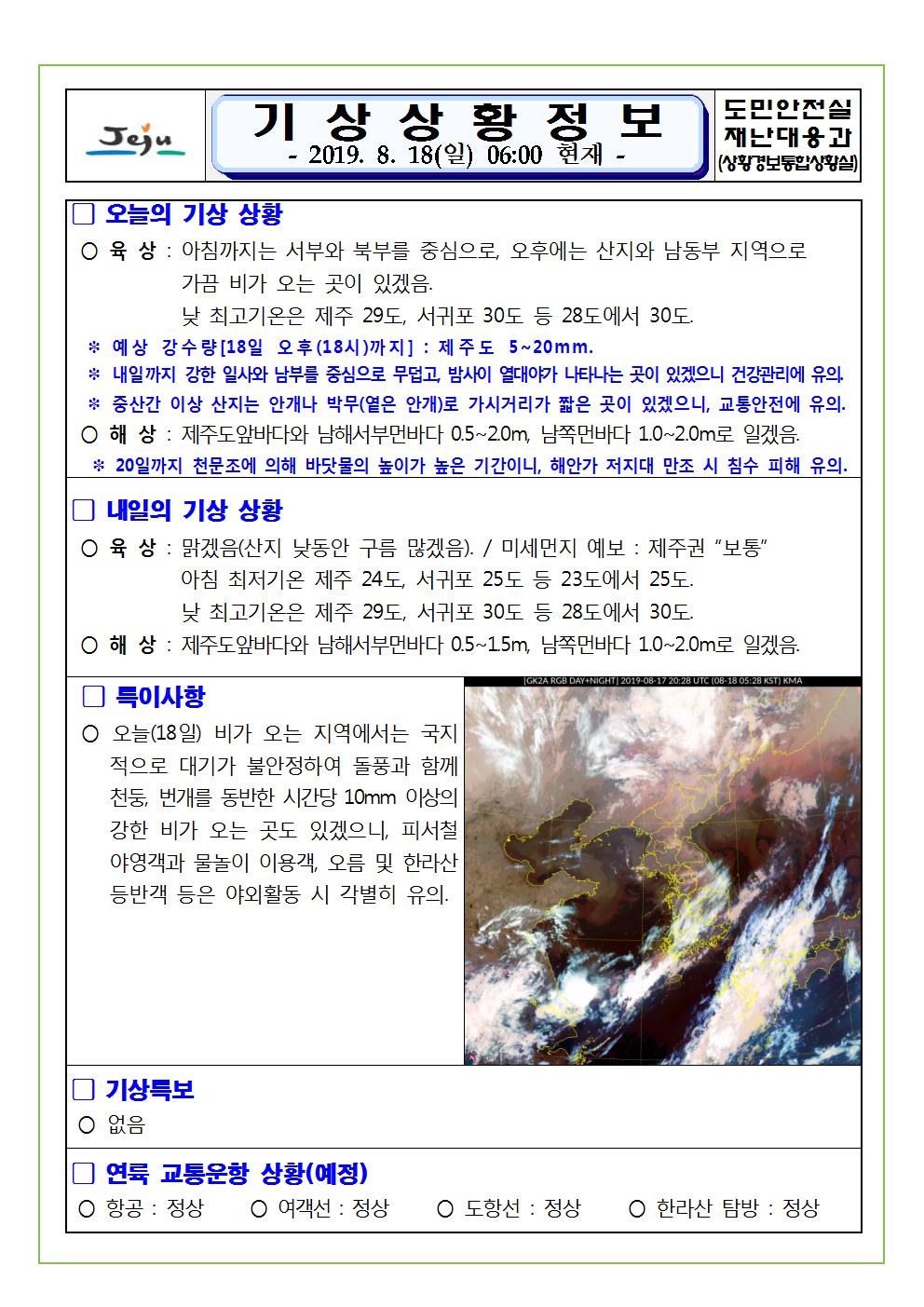 기상상황 정보 2019.8.18. 일요일