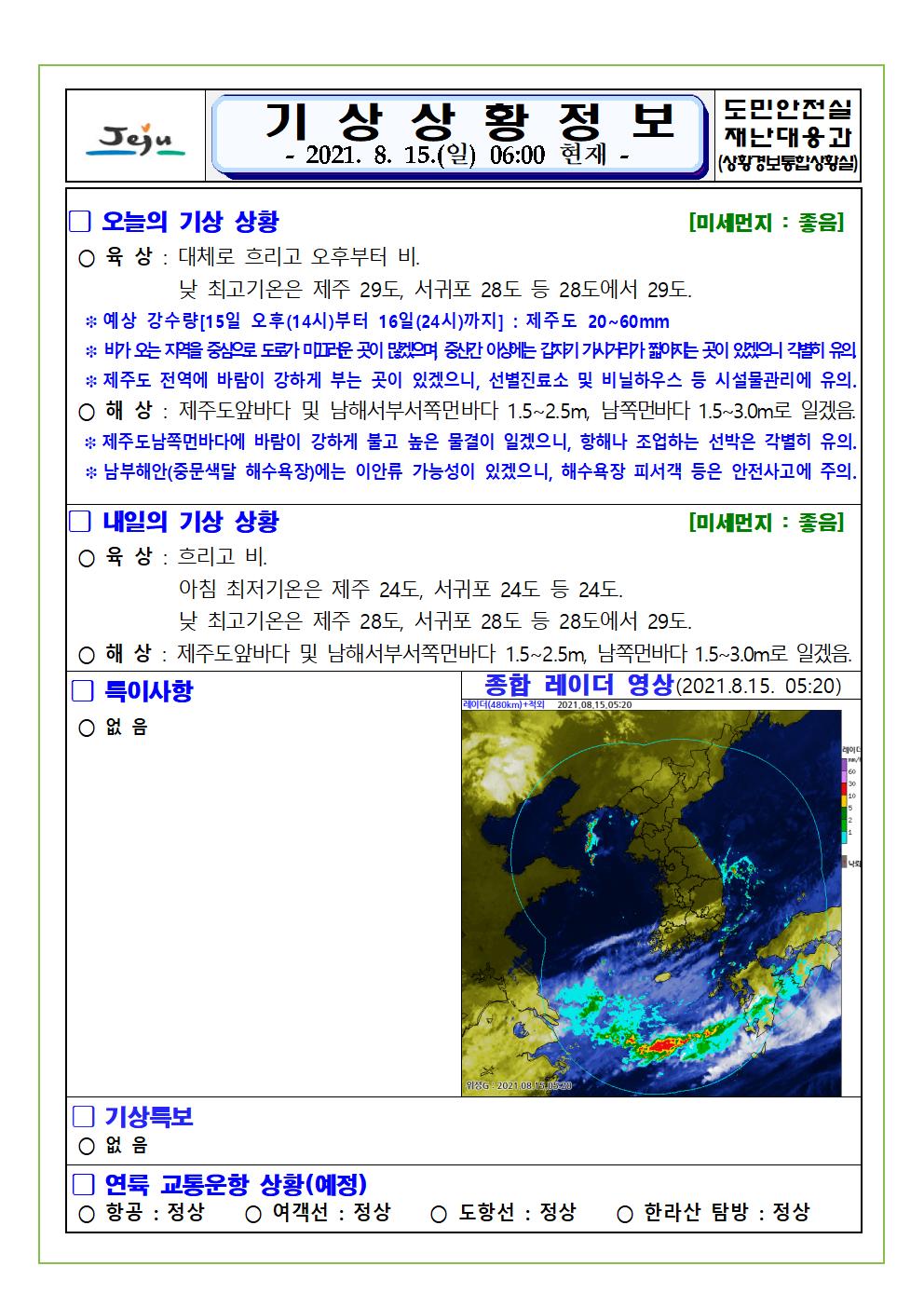기상상황 2021.8.15. 일요일