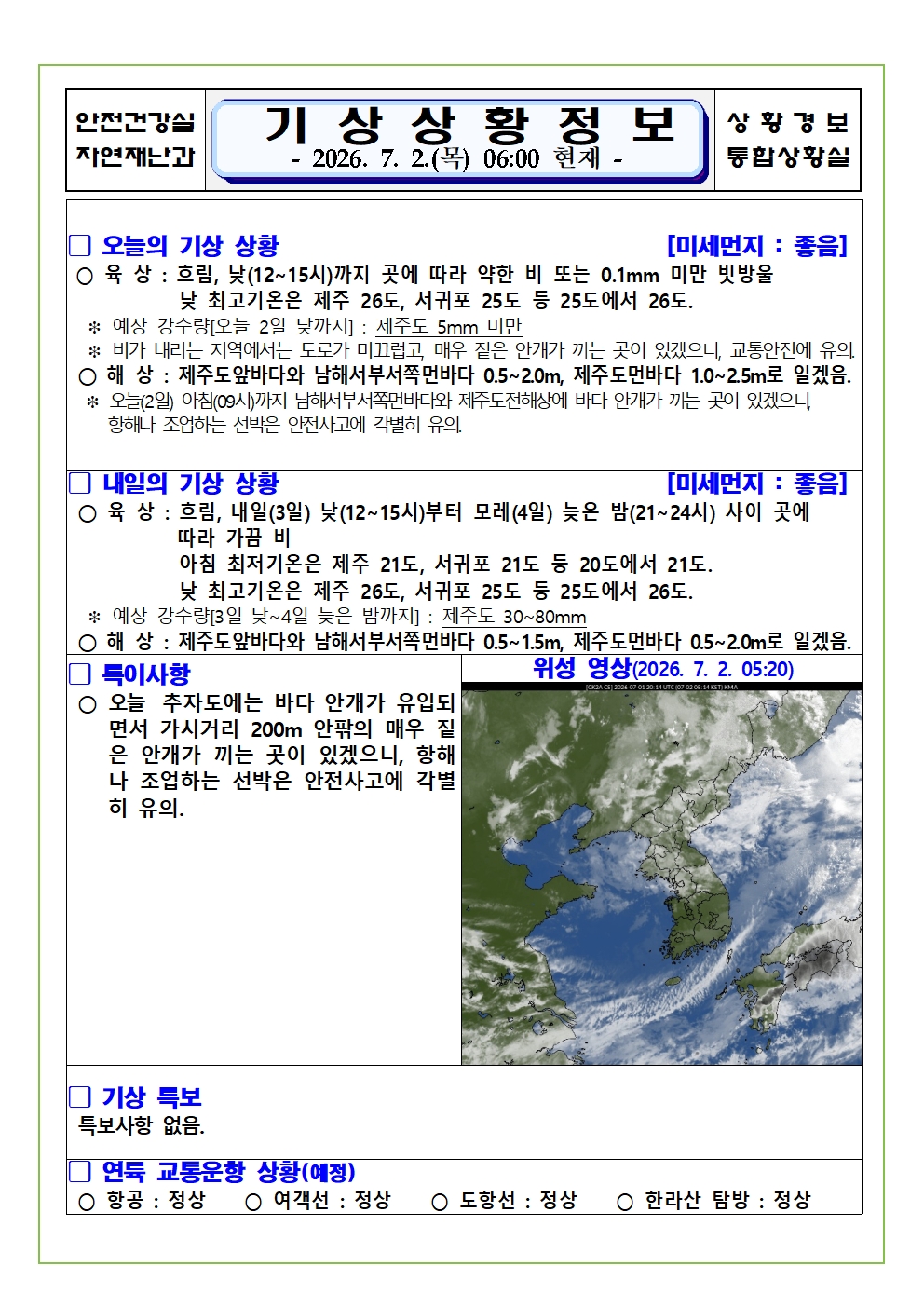 기상상황 2026. 7. 2. 목요일 