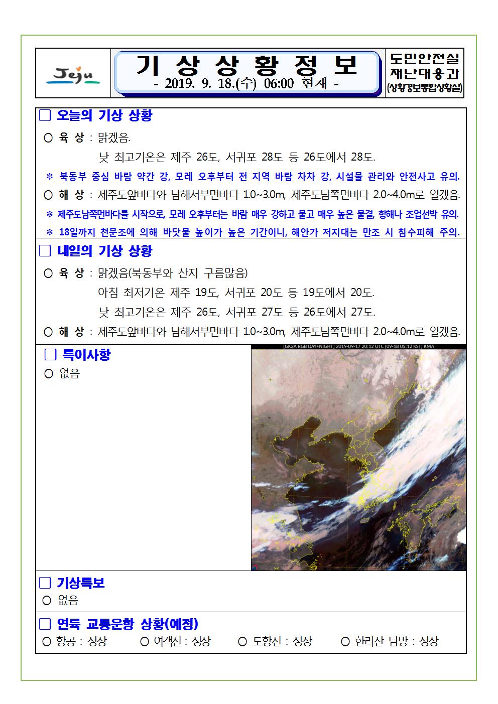 기상상황 정보 2019.9.18. 수요일 