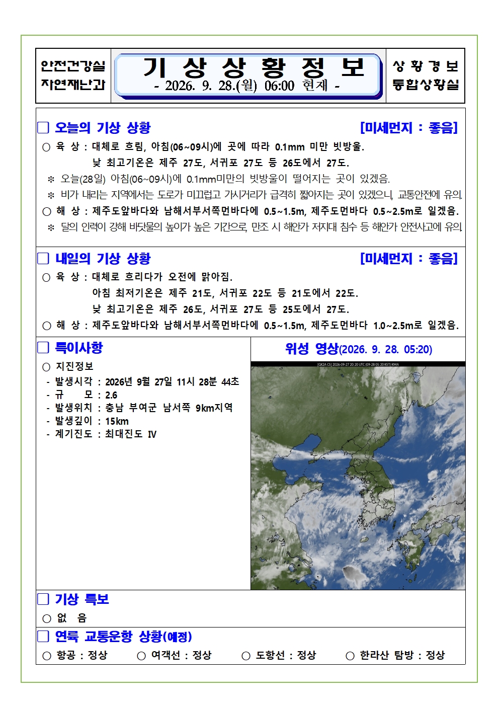 기상상황 2026.09.28.  월요일