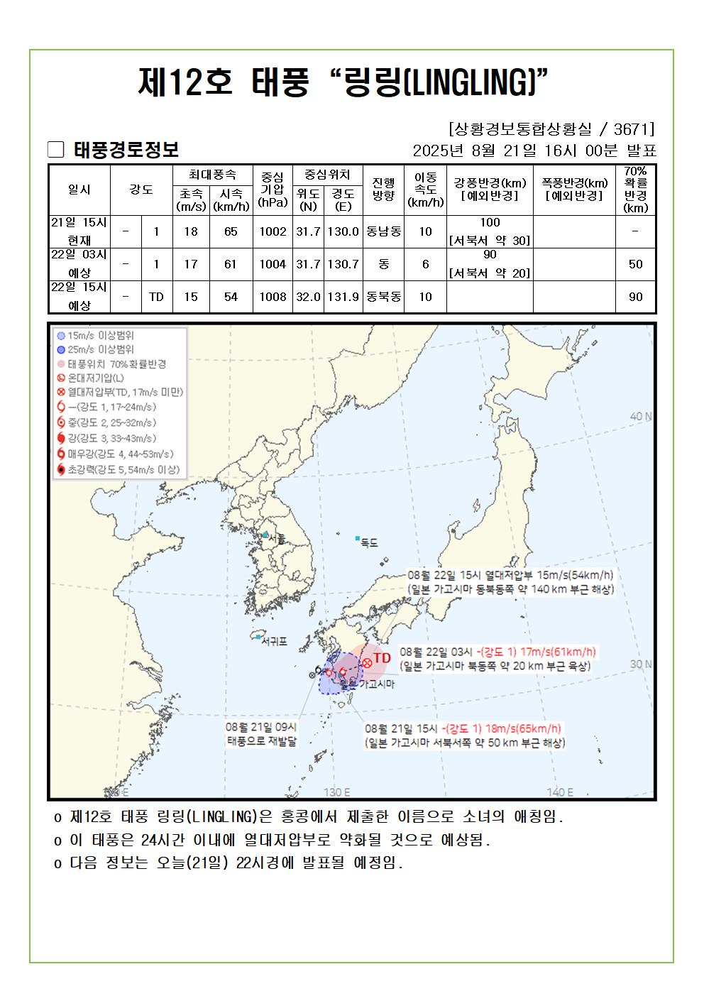 제12호 태풍 링링 예상진로도 2025. 08. 21. 16시00분 발표