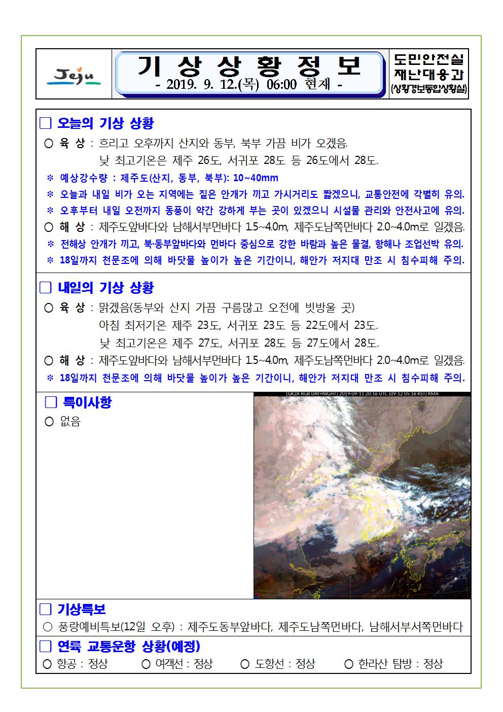 기상상황 정보 2019.9.12. 목요일 