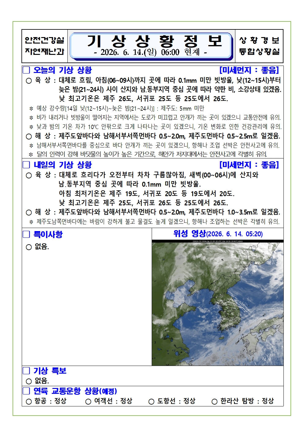 기상상황 2026. 6. 14. 일요일