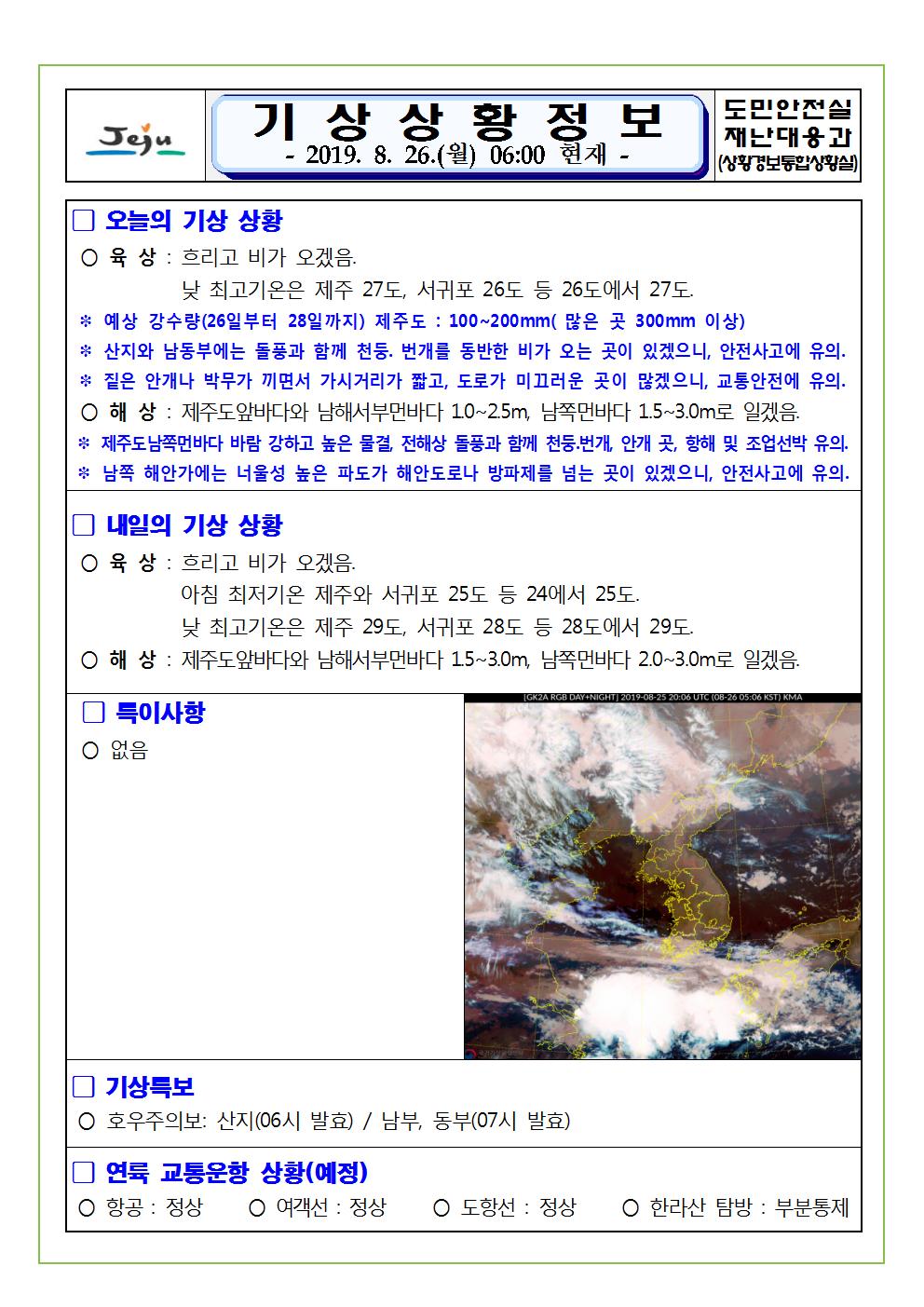 기상상황 정보 2019.8.26. 월요일 