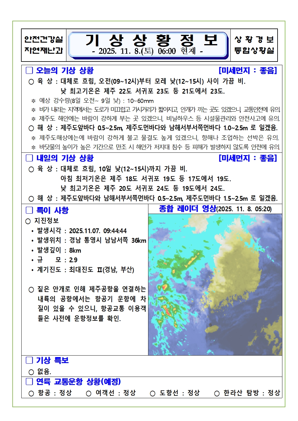 기상상황 2025. 11. 08. 토요일 